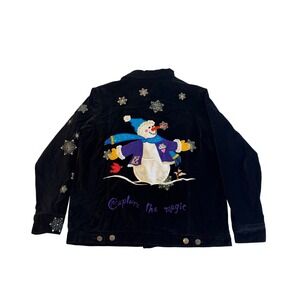 Vintage Deadstock The Quacker Factory Jacket Women Small Black Velvet Snowman